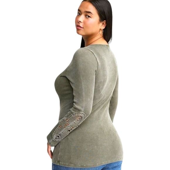 TORRID Plus Size Cotton Modal Green Ribbed Scoop Neck Crochet Long Sleeve Top 3X - Picture 6 of 14